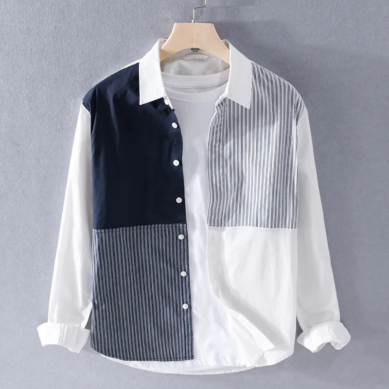 

Spring Korean Autumn New Men's Patchwork Cottton 100% Shirts Long Sleeve Slim Fit Casual Men Stripe Turn-down Collar Top Clothes
