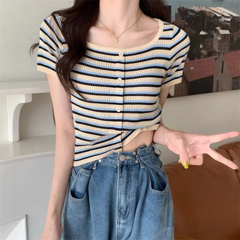 

Summer New Fashion Loose Sweet Short Sleeve Ice Striped Knitted Sweater Contrast Color Square Collar Spliced Button Women's Tops