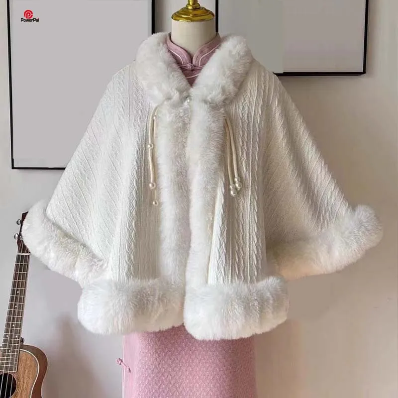 

Elegant Noble Good Faux Fur Cape Thicken Fleece Lining Knit Cardigan Cheongsam Party Dress Shawl Coat Women Winter Wraps