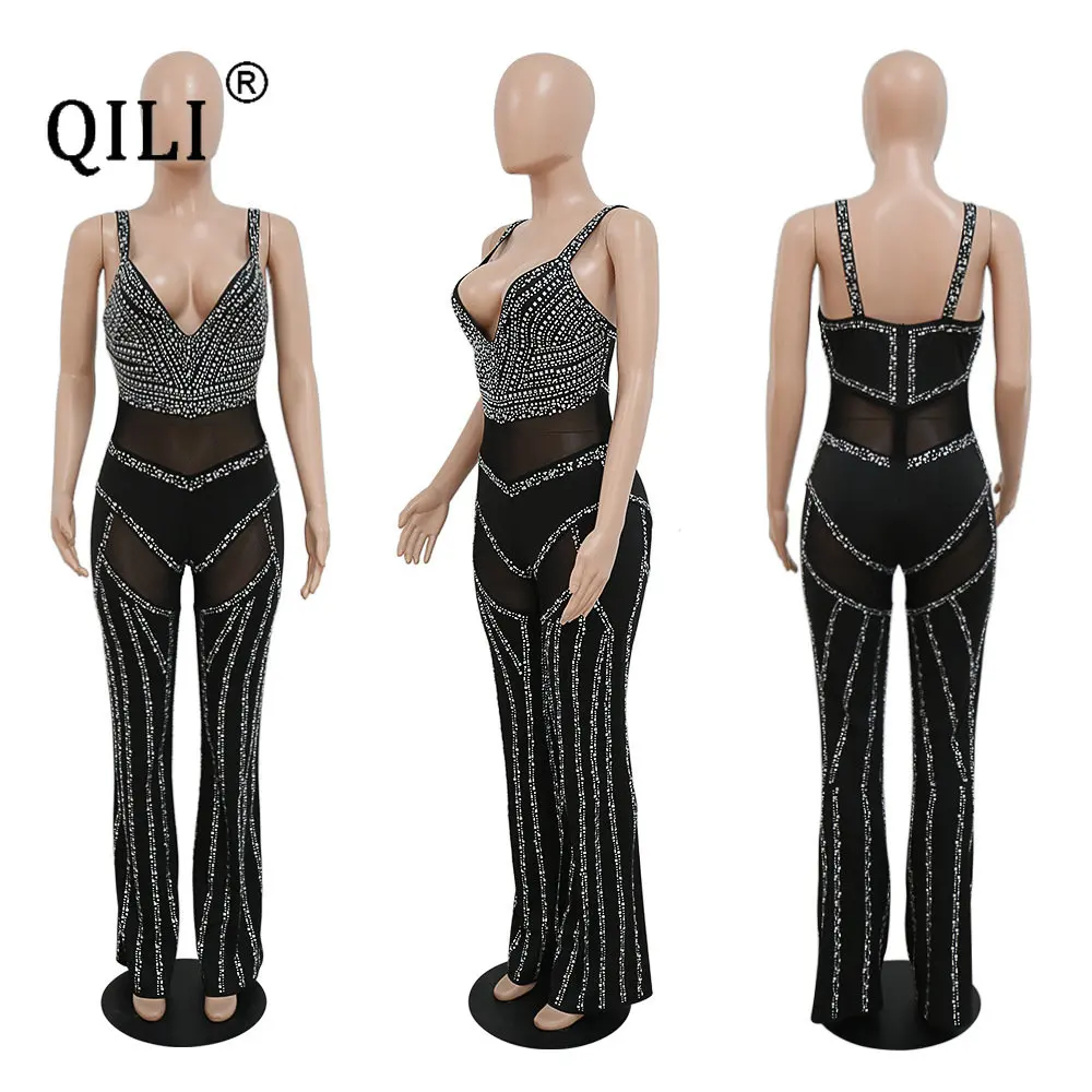 Women's Deep V Suspender Jumpsuit, Loose, Wide Leg, Black, Red, White, Diamonds, Sexy, Perspective