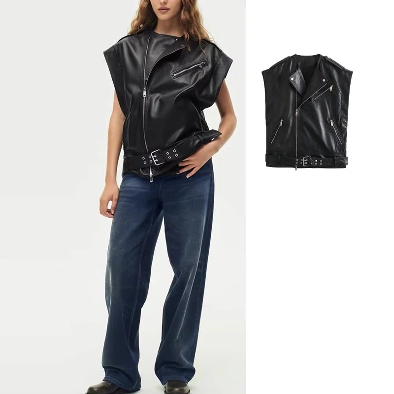 

TRAF Faux Leather Vest For Women Sleeveless Vest Woman Y2K Autumn Oversize Waistcoat Women Streetwear Belt Short Coats