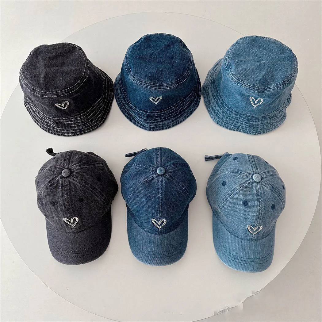 Korean Style Baseball Hat Love Embroidery Washed Denim Children's Curved Brim Flat Top Fisherman Hat Boys Girls Fashion Headwear