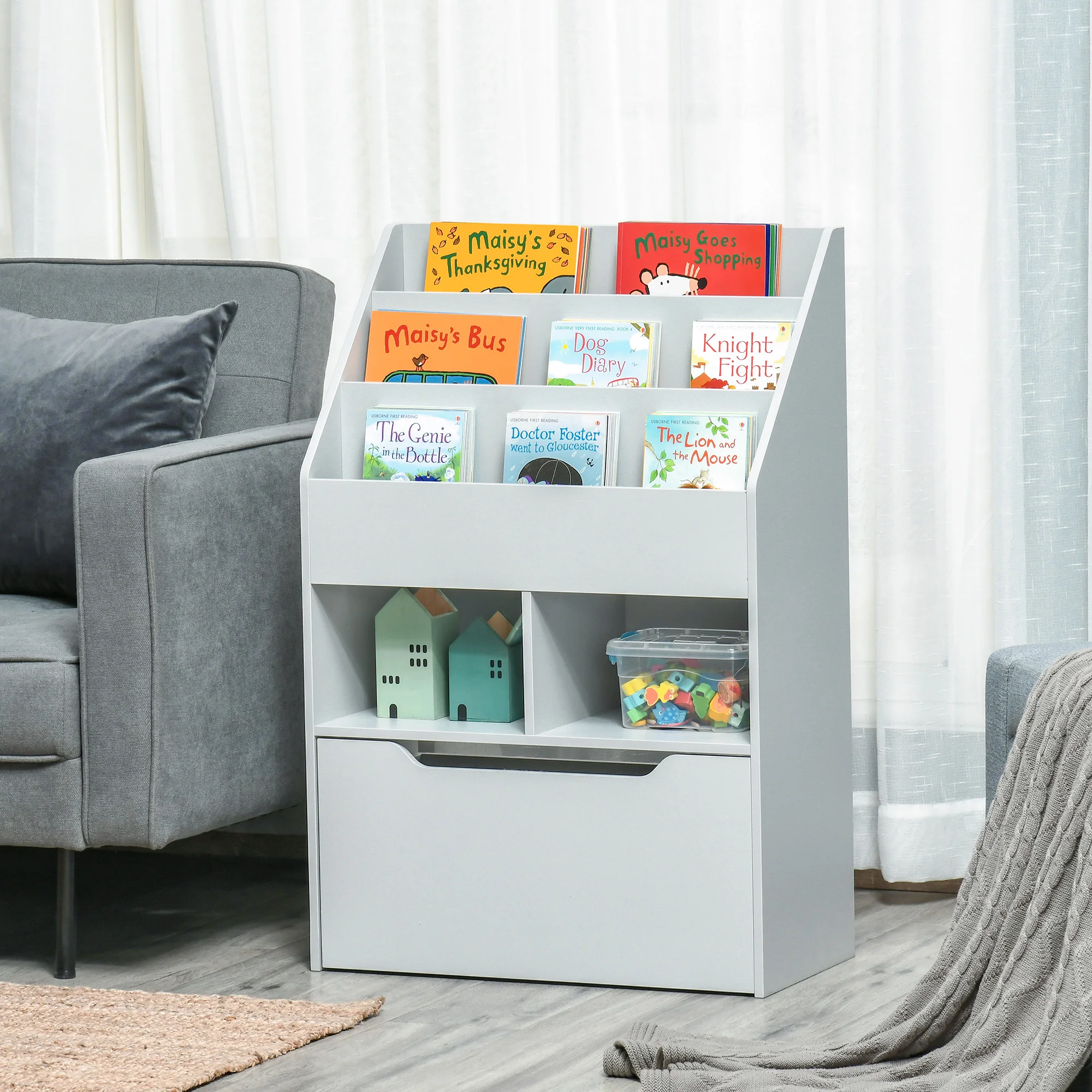 Kids Storage Bookcase Stand w/ Display Shelves & Drawer for Toys & Books, Grey 2