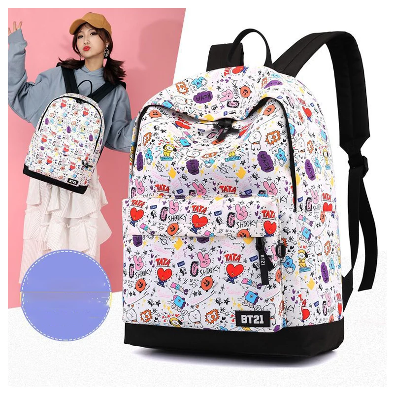 

45CM Bt21 Kawaii Cartoon Animation Peripheral Canvas Bag Tata Rj Chimmy Cooky Shooky Graffiti Backpack Student Schoolbag Travel