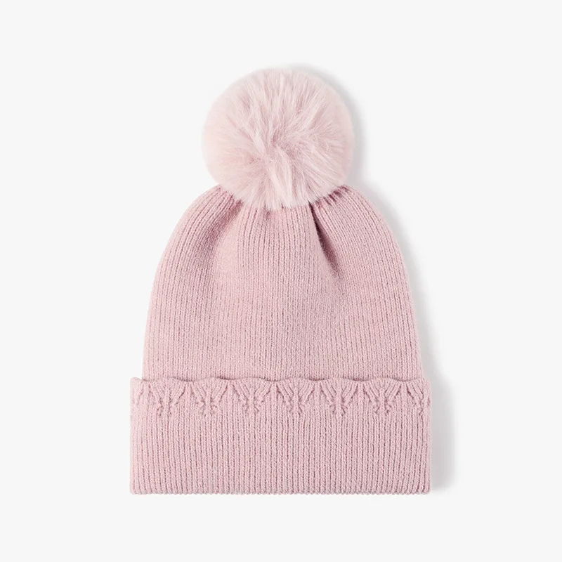 New Custom Logo Faux Fur Pom Poms Knitted Hats Outdoor for Women Winter Warm Thick Beanie Hat Personality Windproof Skullies Cap 5