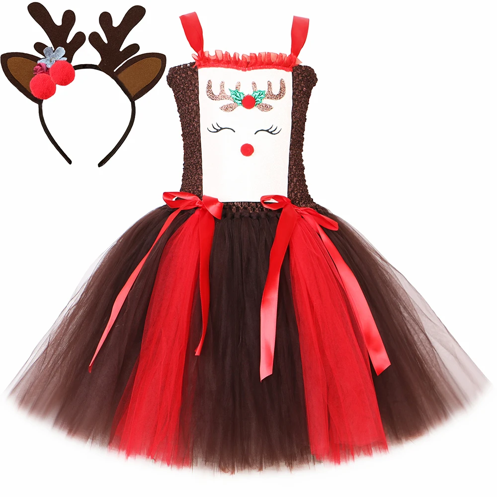 

Christmas Reindeer Costume for Kids Girls Brown Cartoon Rudolph Deer Tutu Dress Children Xmas Party Tulle Princess Dress Outfit