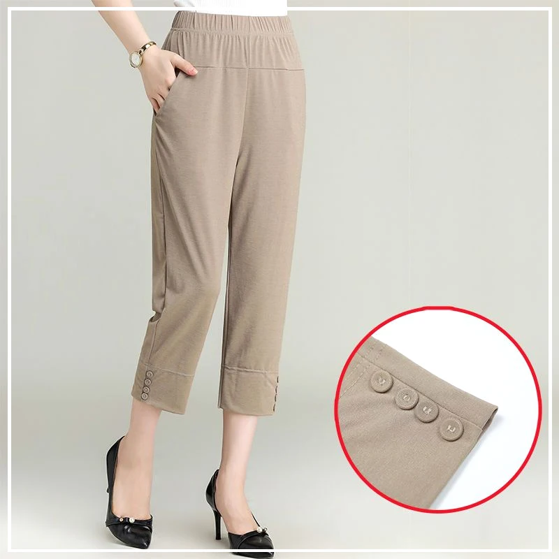 2024 New Summer Fashion Comfortable and Breathable Elastic Waist Pocket Button Loose Leisure Oversize Ice Calf Length Pants