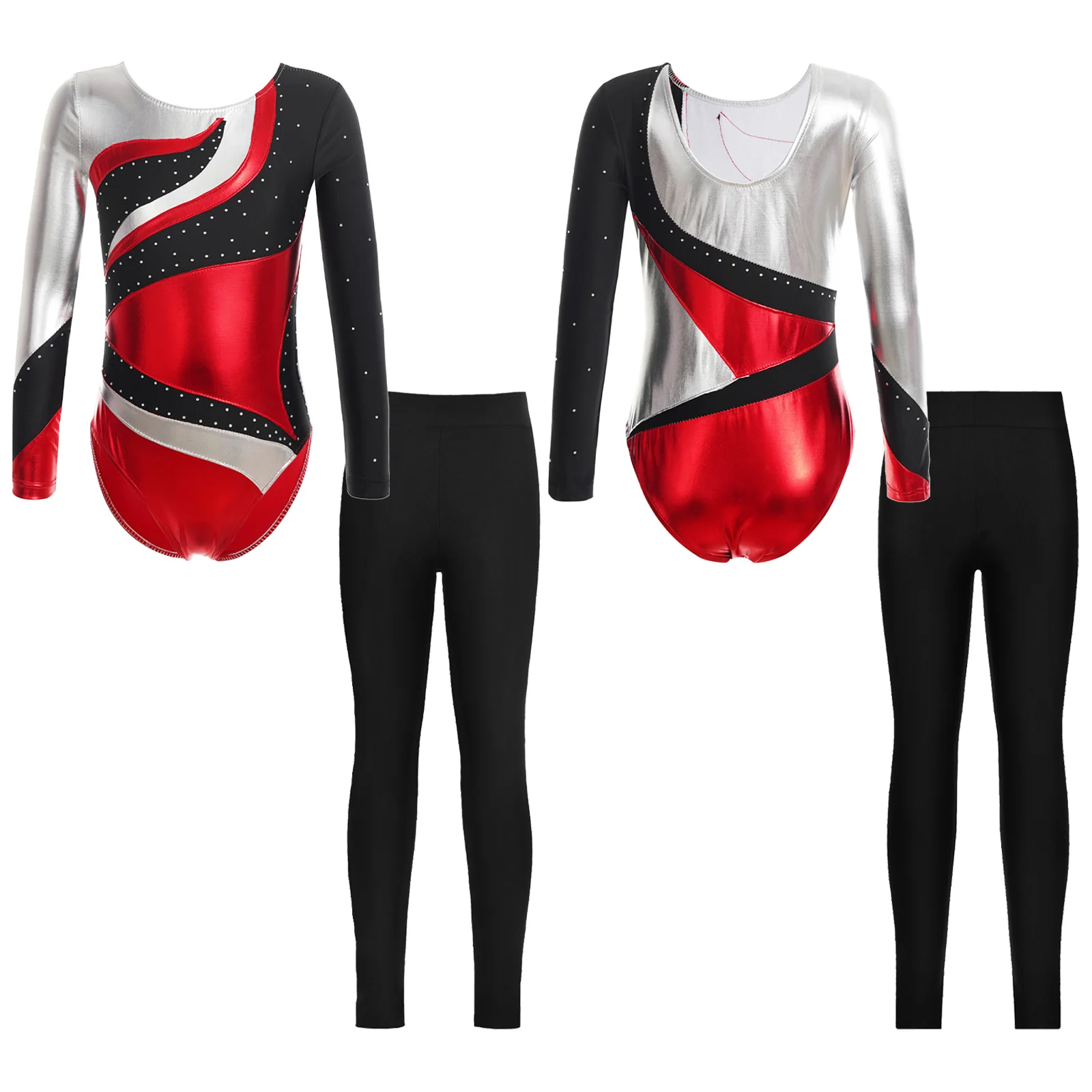 

Kids Girls Gymnastics Ballet Dance Set Long Sleeve Shiny Rhinestones Patchwork Leotard+Leggings Pants for Skating Performance
