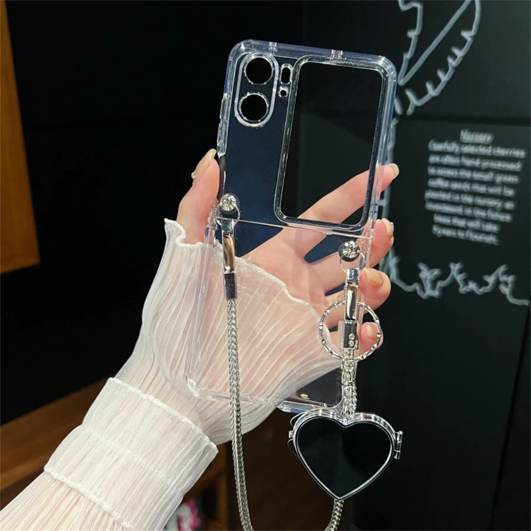 Coreano Sliver Love Heart Mirror Bracciale Chain Custodia Trasparente Per Oppo Find N2 Flip Find N2 Flip Cover Posteriore Antiurto