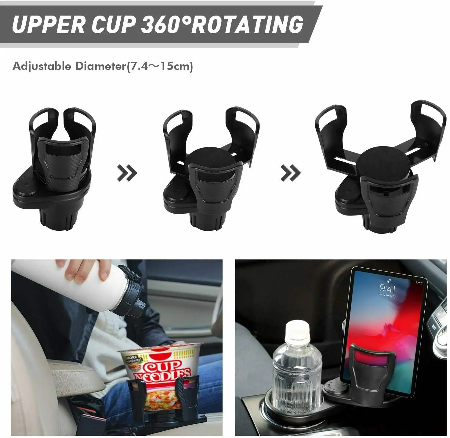 2 in 1 Multifunctional Car Cup Holder 360° Rotating Adjustable Car Cup  Holder Expander Adapter Base Tray for Snack Bottles Cups