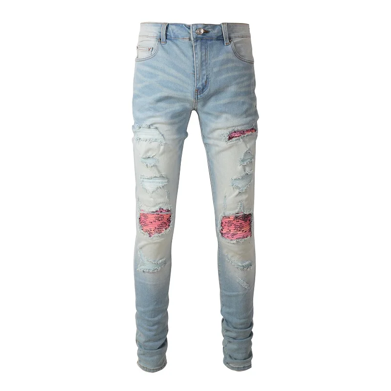 

Men's Distressed Classical Blue Leather Yellow Ribs Patchwork Holes Stretch Slim Fit Streetwear Designer Ripped Jeans