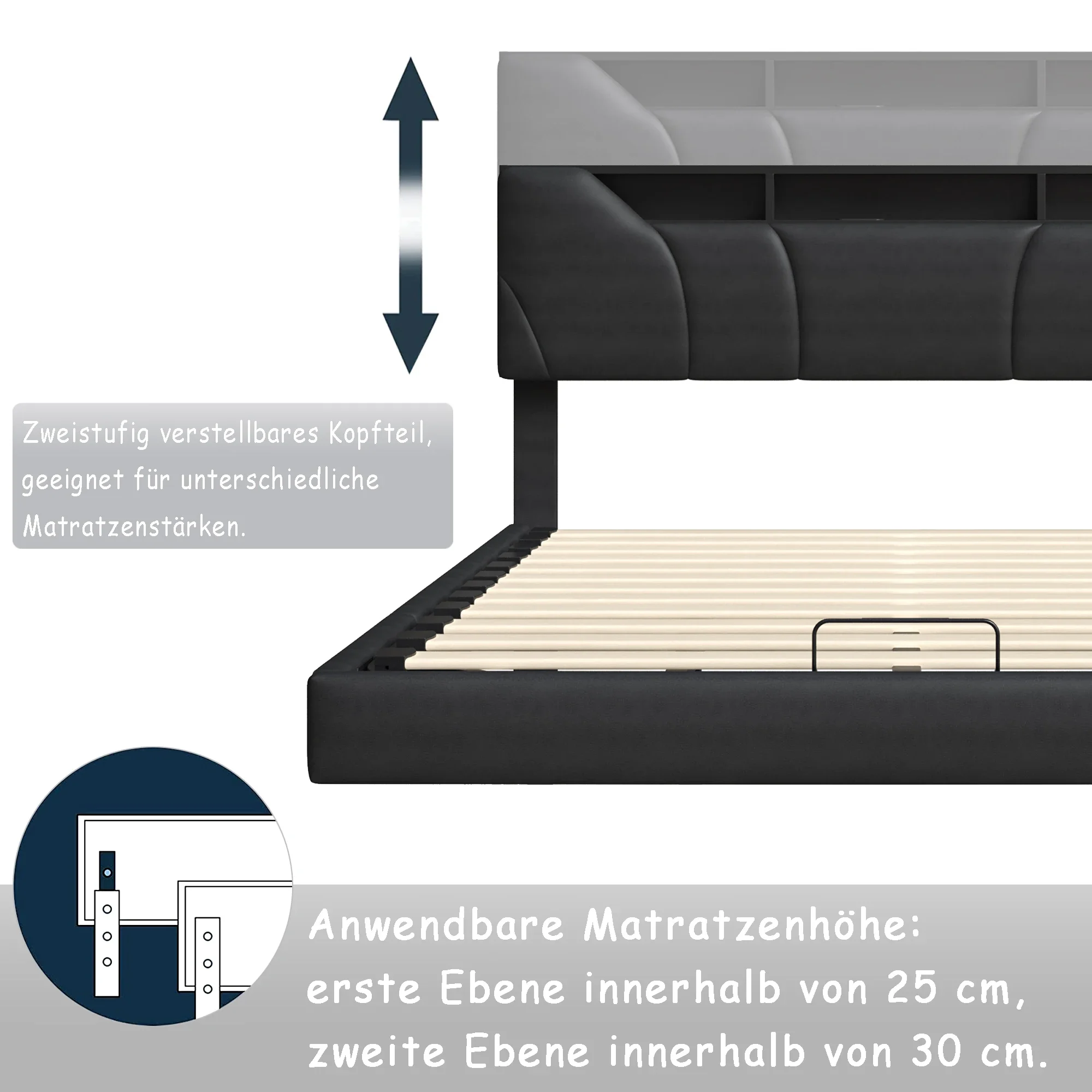 Rosahqnda gepolsterter Doppelbettrahmen 140–160 x 200 cm, verstellbares Stauraum-Kopfteil, hydraulisches Bett mit Stauraum, PU – Detail 3