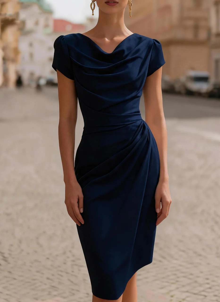 Women’s Elegant Cowl Neck Short Sleeve Fitted Midi Dress - Image 6