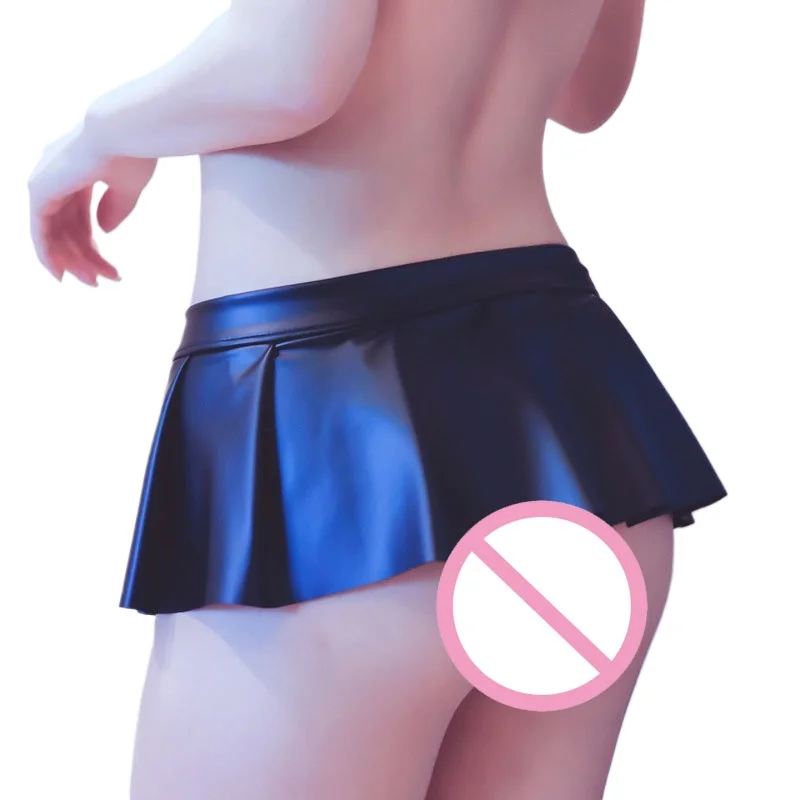 Sexy Gloosy Faux Leather A-Line MINI JK Skirt Low Rise Waist Ruffled Adjustable Mini Skirt Club Pleated Party Pole Dance