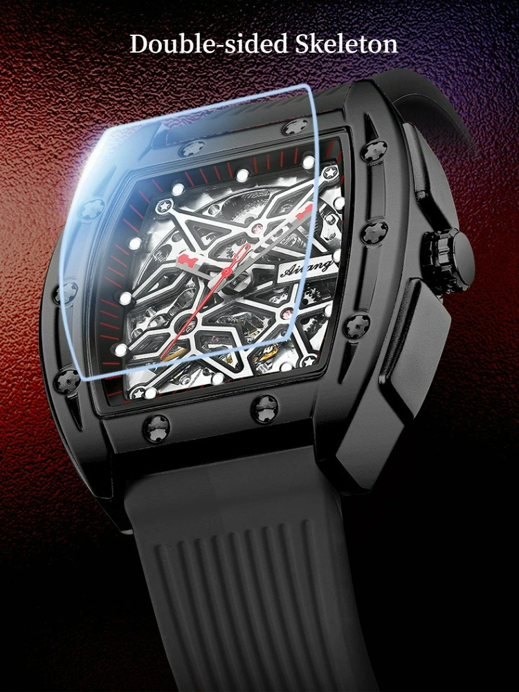AILANG Herren Automatik-Mechanische Uhr - Tonneau Skelett-Zifferblatt 3ATM Wasserdicht Herrenuhr Leuchtende Gummiarmband Armbanduhr – Detail 16