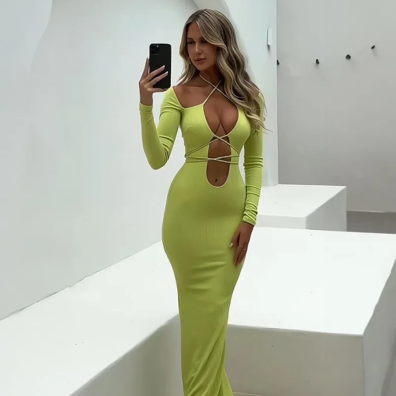 Vestido sexy calado para mujer, vestido ajustado con cordones, vestido maxi de fiesta para mujer, ropa para mujer 2025 nuevo