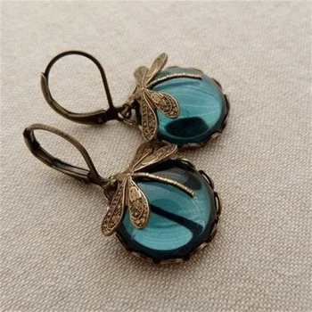 Dragonfly Carving Pattern Inlaid Moonstone Drop Earrings for Women Jewelry