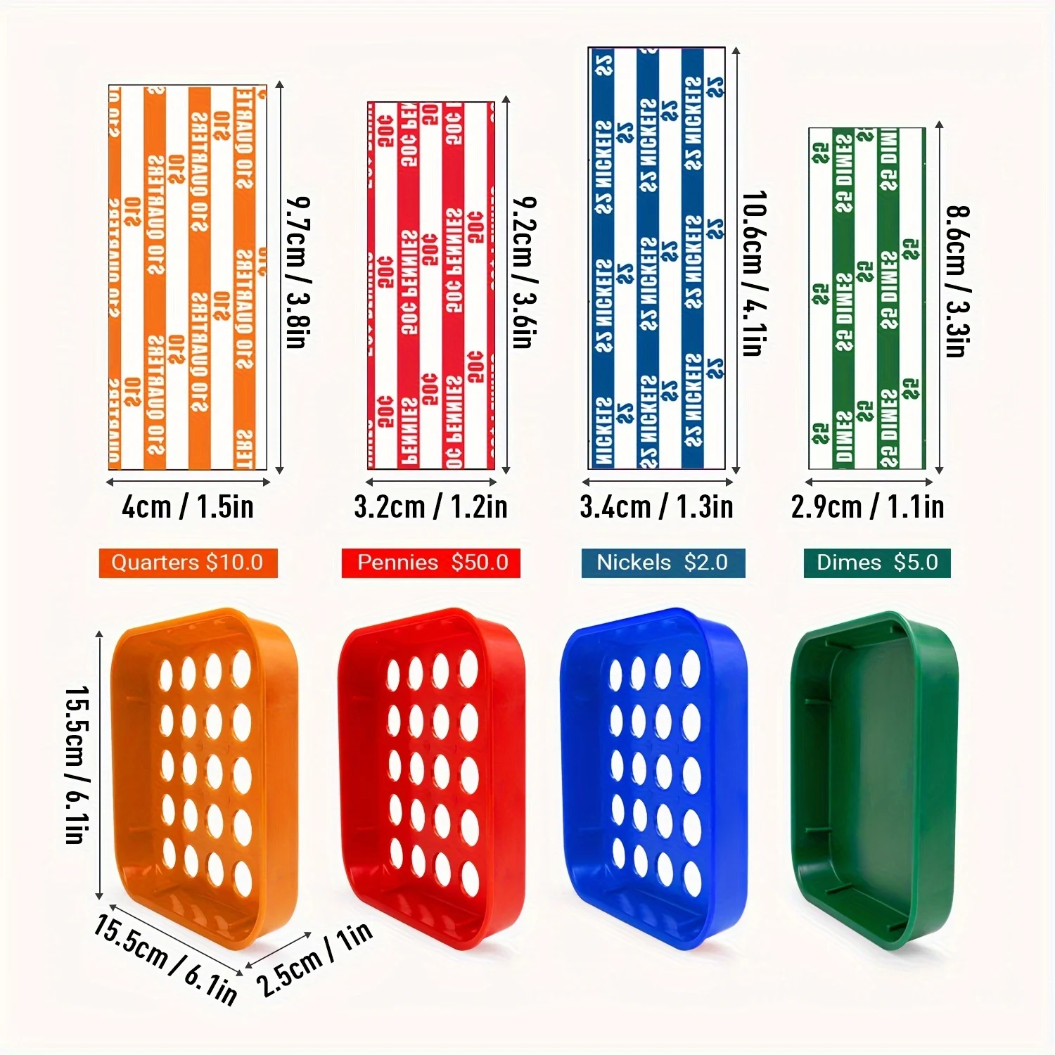 Coin Sorters Tray Coin Counters 4 Color-Coded Sorting Tray 100 Assorted Flat Roll Wrappers For US Coins