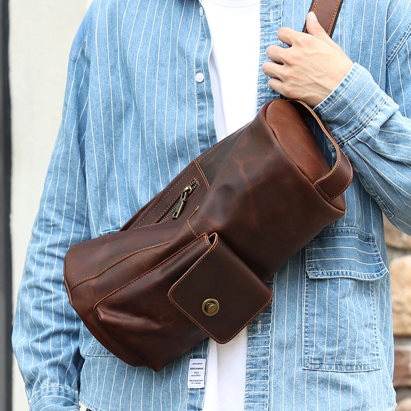 

New Retro Crossbody Bag Niche Fashion Trend Cylinder Bag Men's Genuine Leather Crossbody Shoulder Bag