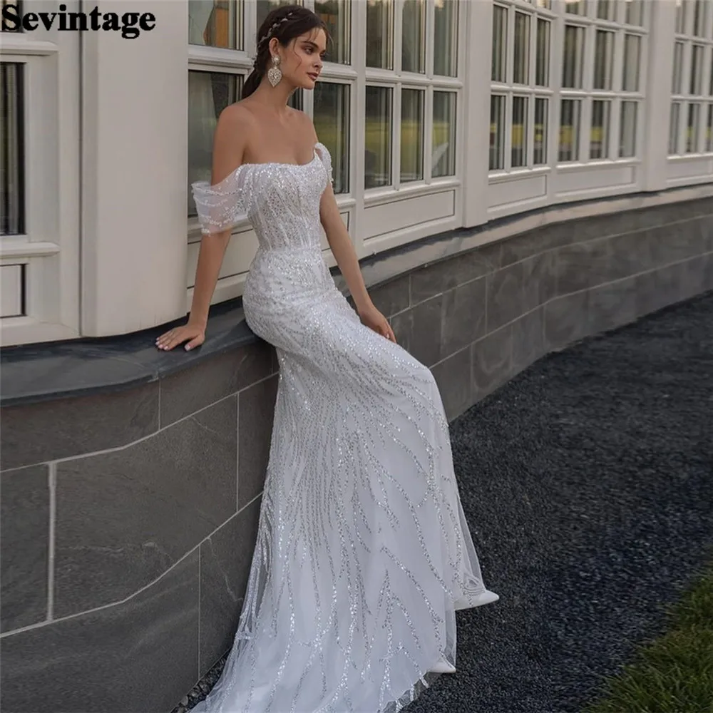 

Sevintage Luxury Glitter Sequineds Wedding Dresses 2024 Off The Shoulder Sleeveless Princess Sheath Robe De Mariée Bridal Gown