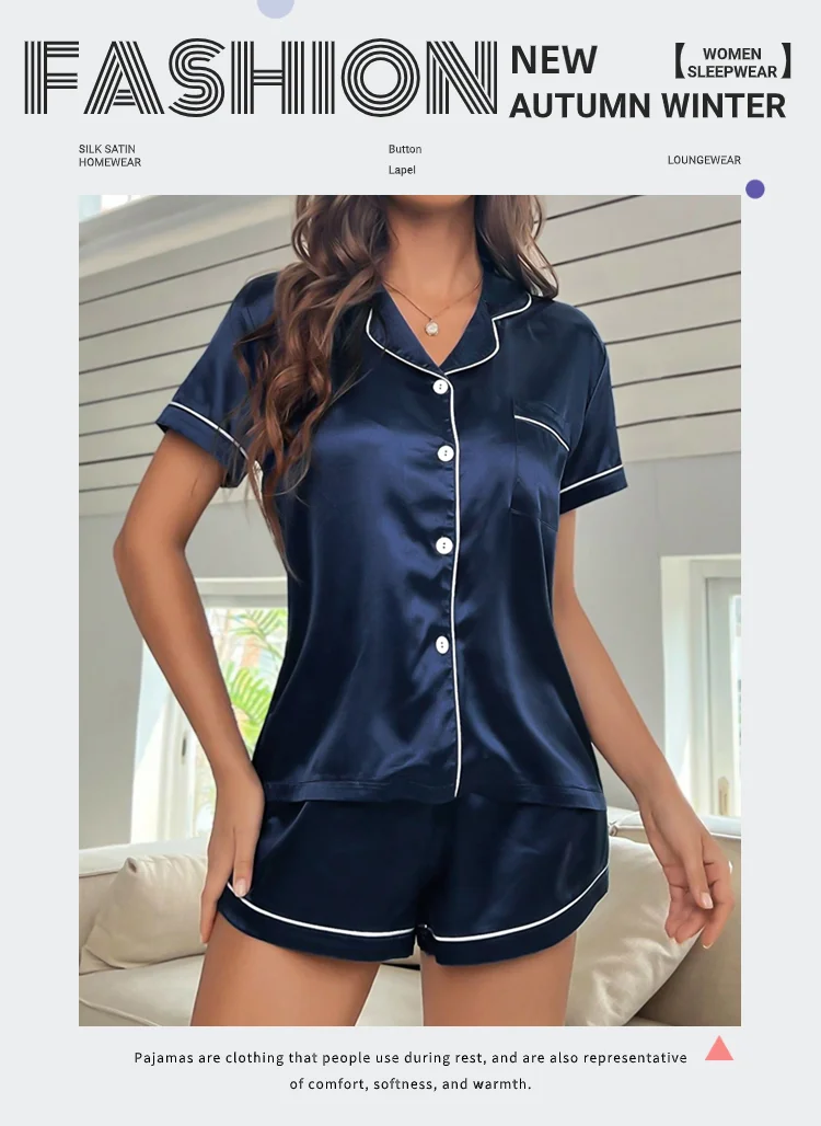 Sommer-Pyjama-Set aus Seidensatin für Damen, Oberteil und Shorts mit Knopfleiste, 2-teilig, Nachtwäsche, gekerbter Kragen, Nachtwäsche, Loungewear für Damen – Detail 1