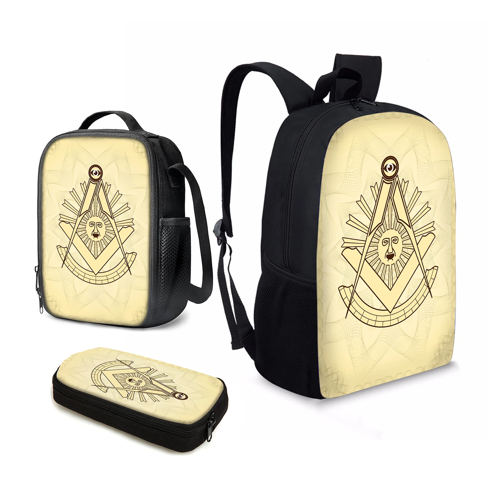 

YIKELUO Masonic Square Compasses Zippered Casual Travel Backpack Youth Laptop Knapsack Student Insulated Lunch Bag Pencil Case