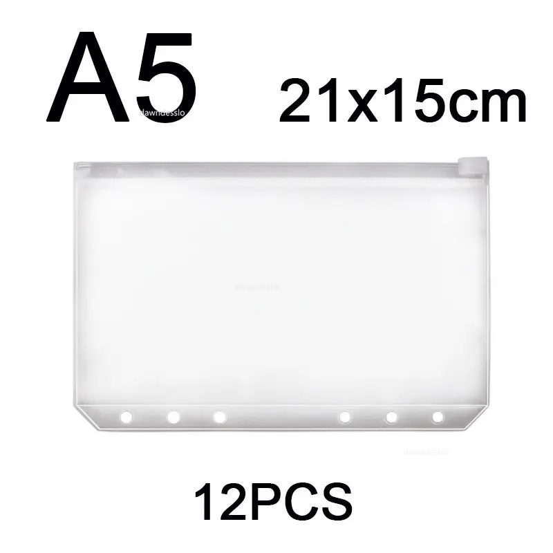 12PCS 편리한 투명 PVC A5 A6 A7 바인더 포켓 6 링 노트북 바인더 파일 보고서 바인더 용 지퍼 폴더 지우기