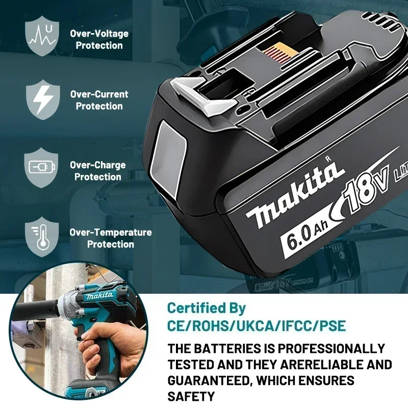 Battery mounted on Makita power tool