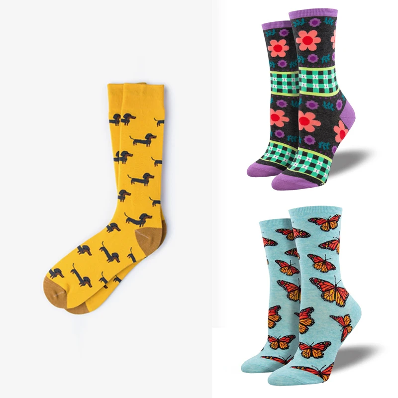 

Casual Butterfly Flowers Kawaii Puppy Dog Unisex Crew Socks Women Men Couple Fashion Street Soft Cotton Socks Gifts Wholesale