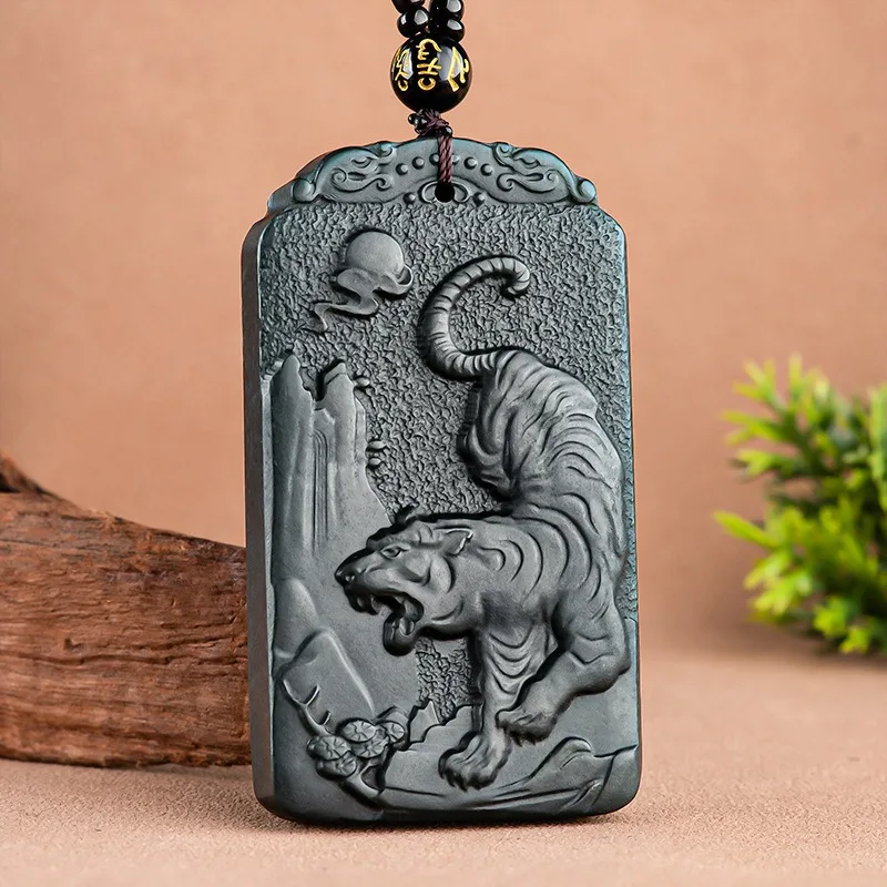 

Natural Hetian Cyan Jade Tiger Pendant Necklace Hand-carved Jadeite Fashion Charm Jewelry Amulet Gifts for Women Men Zodiac