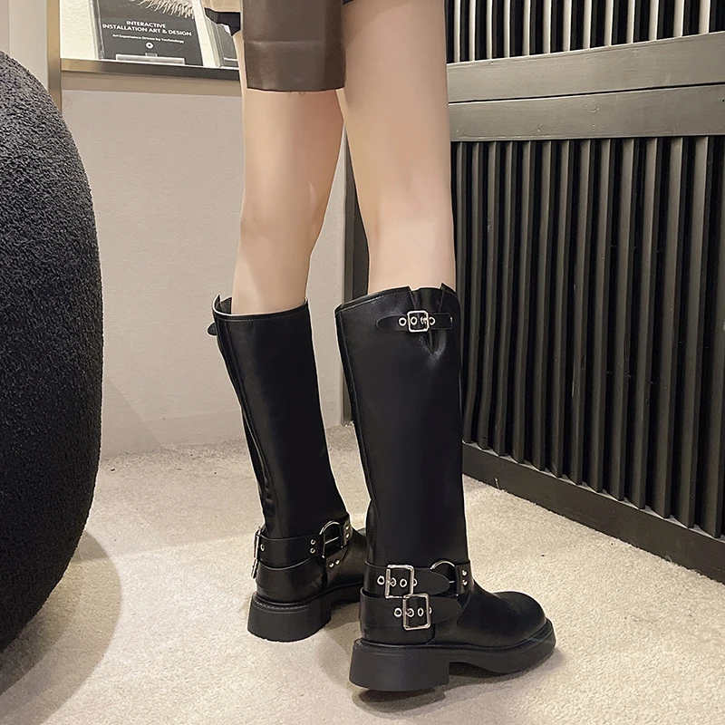 Shoes for Women 2023 Hot Sale Autumn Pull on Knee-High Women's Boots Solid Color Round Toe Platform Water Proof Western Boots
