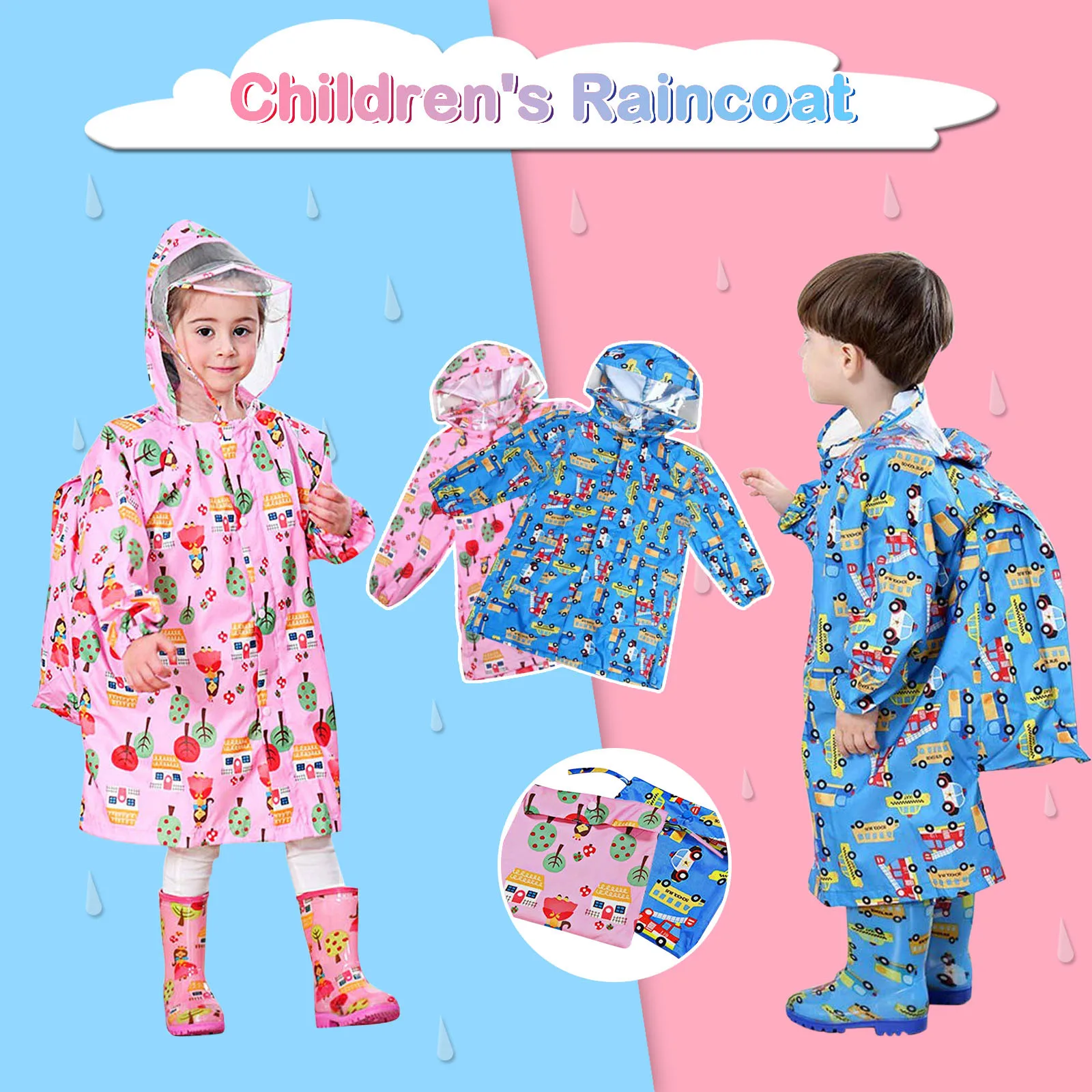 

2023 Kids Raincoat Windproof Waterproof Children Cute Print Rain Poncho Rain Coat Jacket With Backpack Position Student RainWear