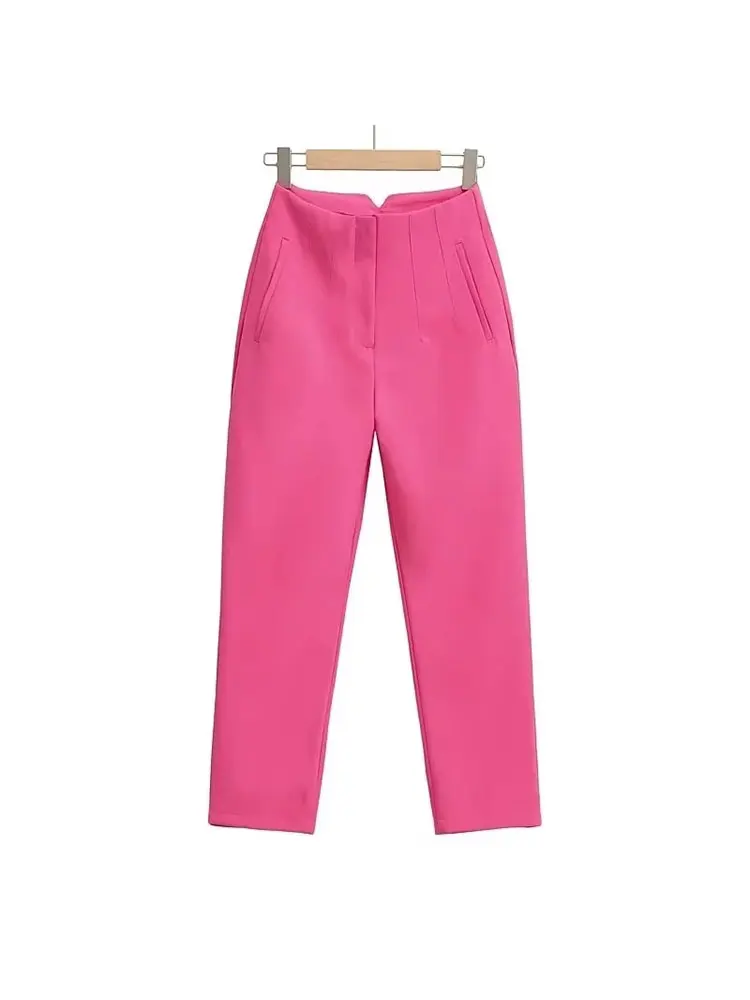 TRAF Spring Trouser Suits High Waisted Pants Women Fashion Office Beige Pants  Chic Button Zip Elegant Pink Casual Woman Pants 