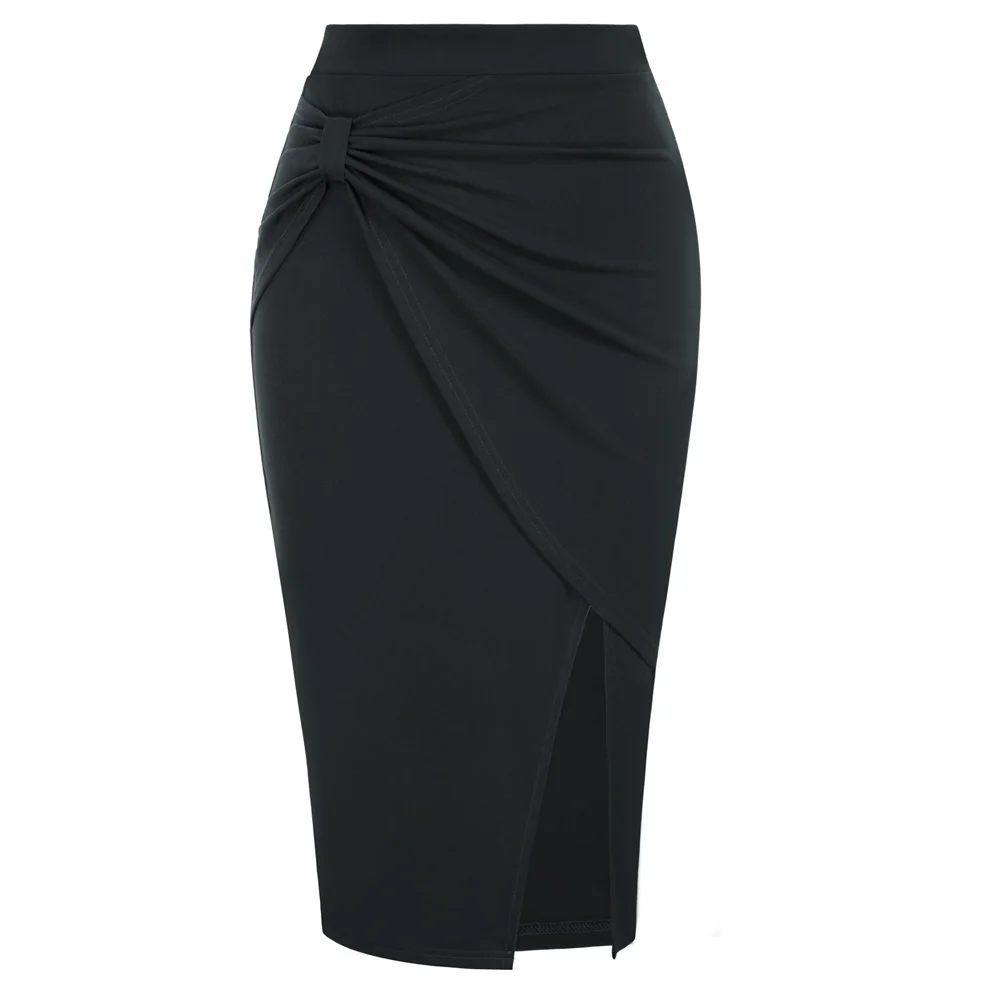 Belle Poque Elegant Pencil Skirt For Women Vintage Front Slit Skirt High Waist Hips-Wrapped Below Knee Skirts Bodycon Ruched