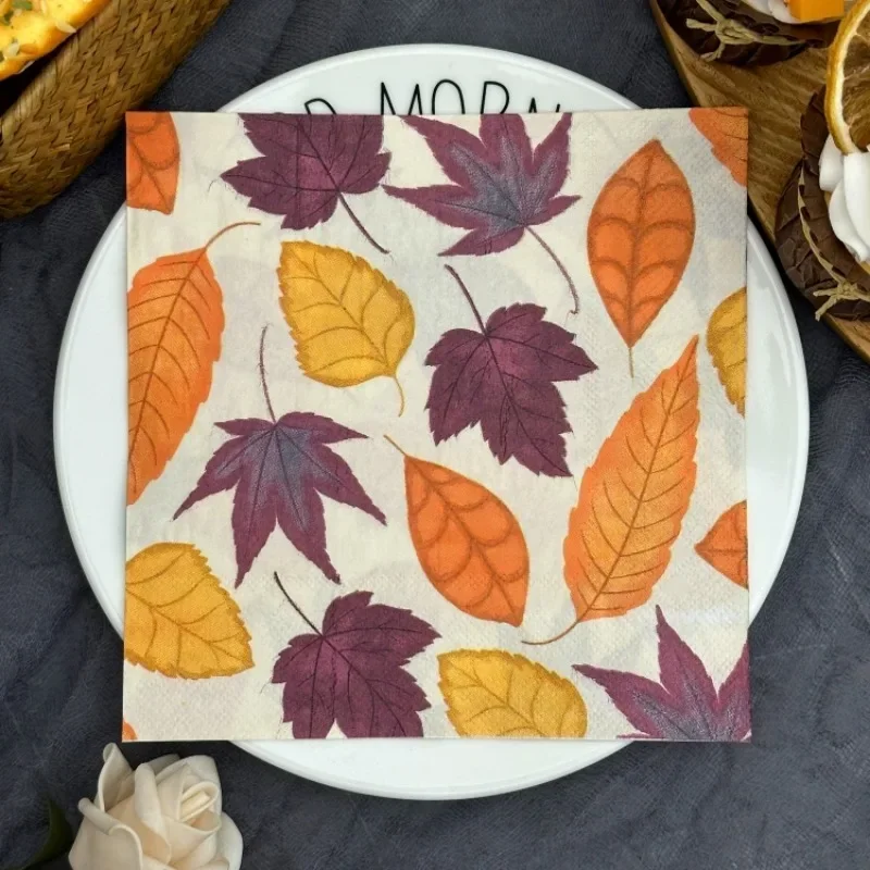 Dining Table Printed Napkins Creative Paper Placemats Square Wood Pulp Paper Autumn Maple Leaves Colorful Napkins 10/20pcs