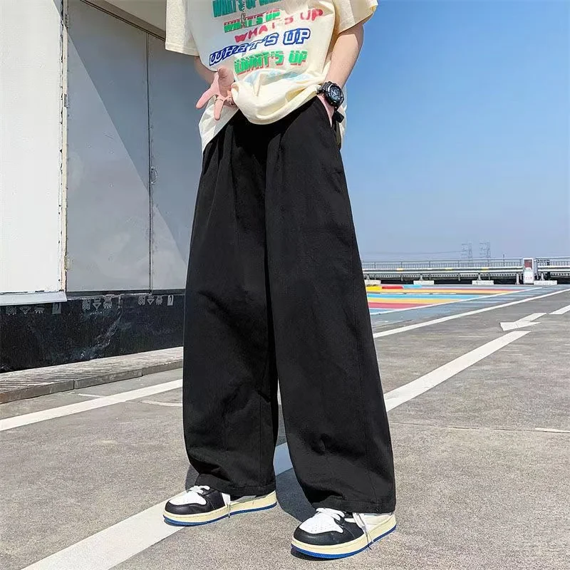 Men Wide Leg Pants Spring Cotton Solid Color Casual Korean Loose Straight Trousers S-5XL