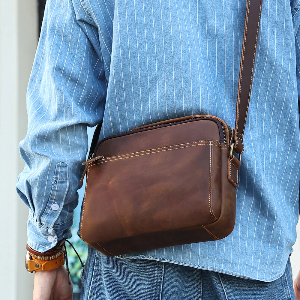 

Vintage Postman Bag Crazy Horse Leather Crossbody Bag Men's Sports Bag Genuine Leather Advanced Shoulder Bag