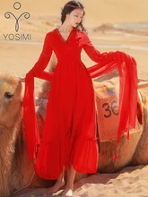 

YOSIMI Red Chiffon and Lace Long Women Dress 2022 Summer V-neck Ladies Vintage Fit and Flare Long Sleeve Party Dresses Elegant