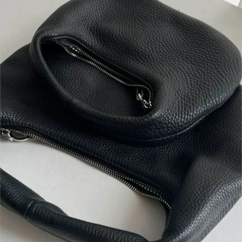 Retro Black Pebbled Texture Handbag Women Soft Leather Foldable Exquisite Purse Ladies Minimalist Fashion Versatile Crescent Bag