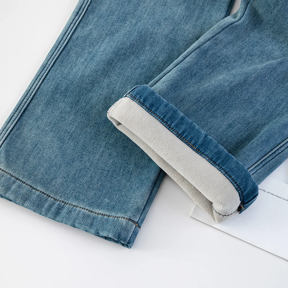 XXXXL Fashion Plus Size Women's Jeans 2025 Autumn/Winter New Style Simple Fleece Warm Denim Straight Leg Casual Long Pants 2537