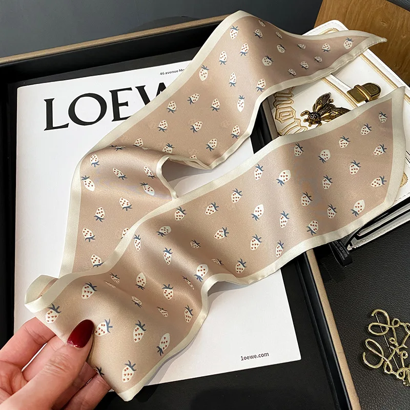 Skinny Ribbon Silk Scarf Women Lovely Fruits Print Foulard Hairband Headband Female Soft Satin Handle Bag Neck Ties Neckerchief 5