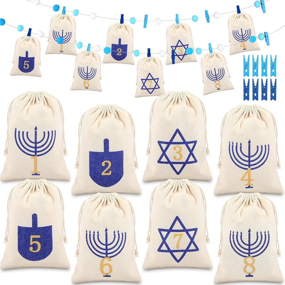 Organza Gift Bags Party Gift Bags Canvas Drawstring Pouches 8 Pcs Nights of Hanukkah Gift Bags Hanukkah Countdown Calendar Drawstring Bags for Kid Chanukah Decorations
