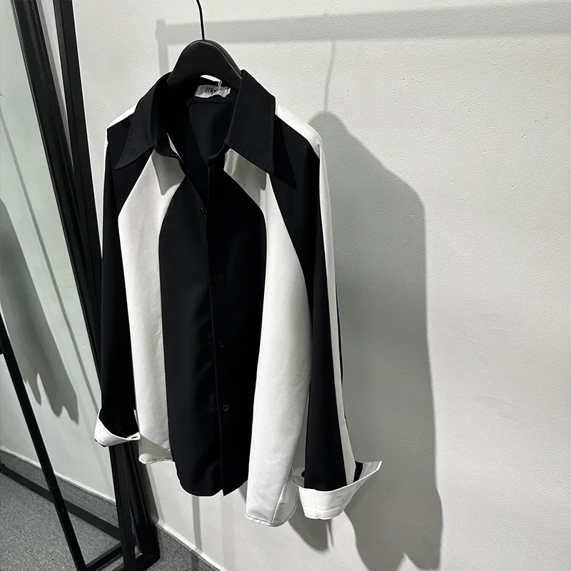 SuperAen Korean Autumn Black and White Panels Contrast Loose Long-sleeved Shirt High-end Patchwork Shirts