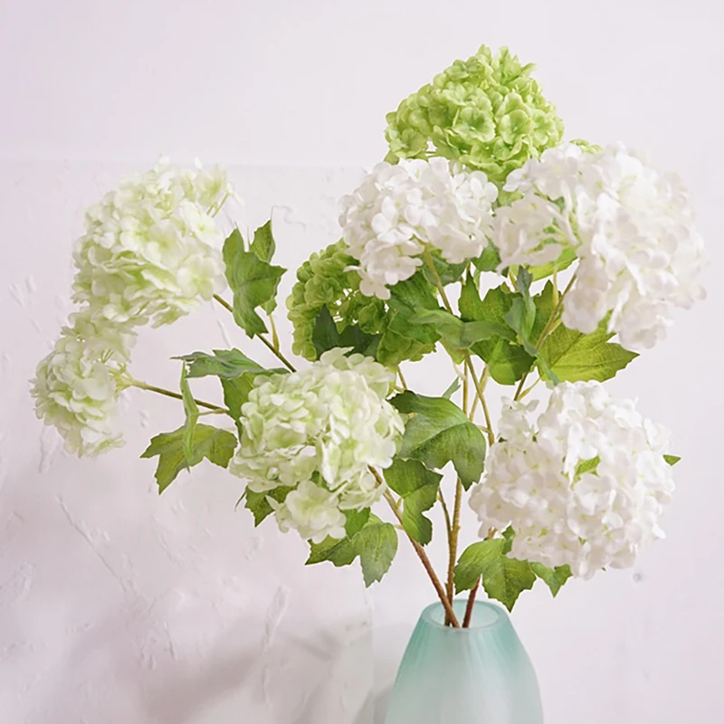 Artificial Flowers Real Touch 3 Heads Small Hydrangea Flowers Branch with Green Leaves Silk for DIY Wedding Home Room Decoratio