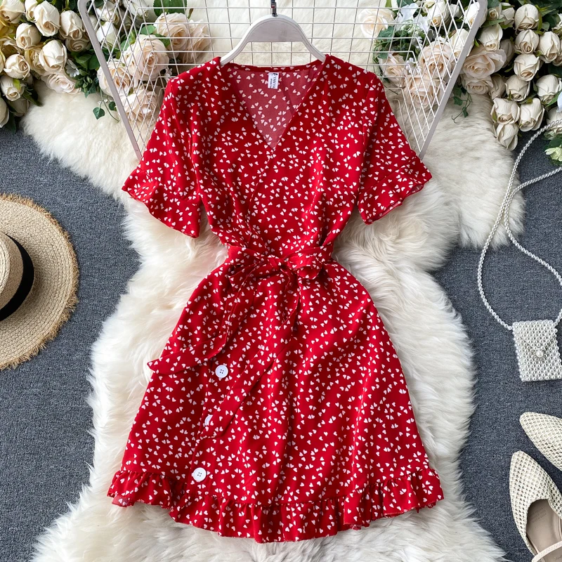 

Summer Sexy V Neck Wrap Dress Slim Waist Elegant Boho Ruffles Beach Short Dress Women Lace Up Floral Polka Dot Bodycon Dress