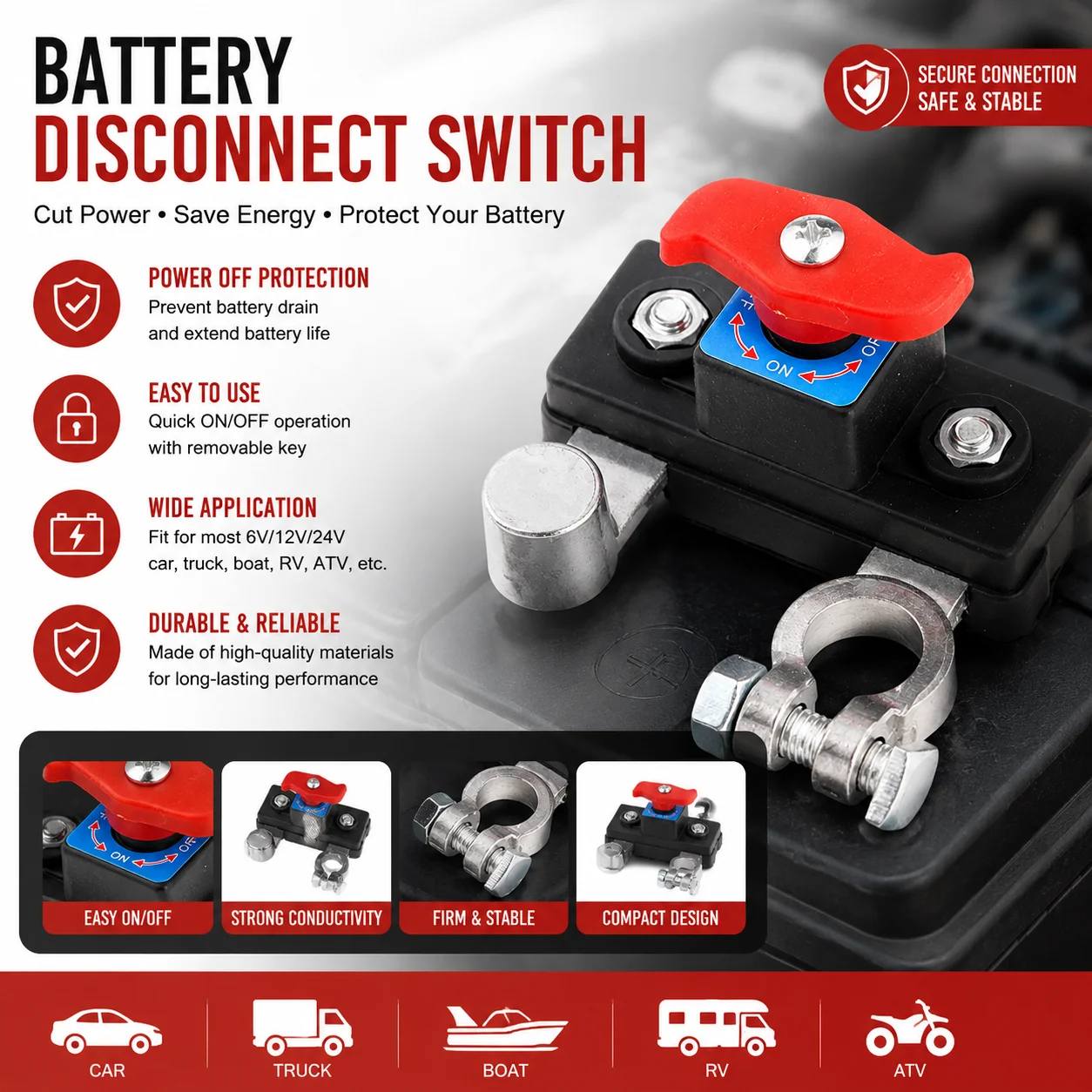 Remote Car Battery Disconnect Switch - DC 12V Automatic Power Shut-Off
