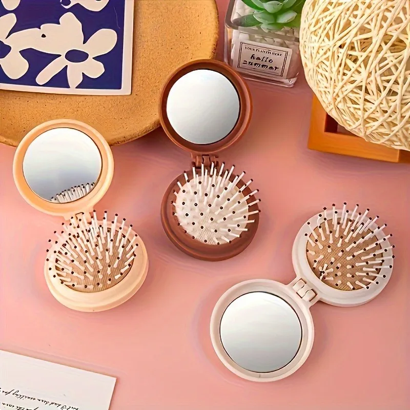 여자아이들을 위한 휴대용 미니 에어쿠션 빗이 달린 귀여운 작은 거울, 접이식 에어쿠션 빗, 마사지 빗, 거울 일체형