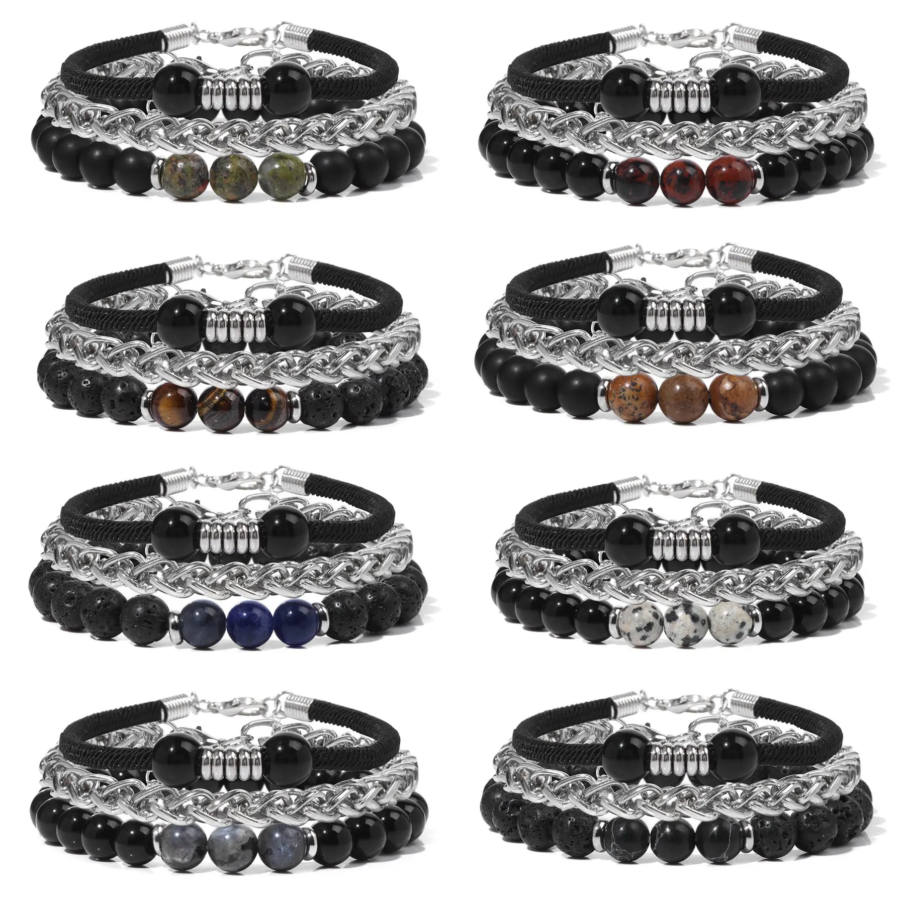 

3PCS/LOT Natural Gemstone Set Friendship Bracelets for WOmen Men Steel Stainless Leather Bangle Jewelry
