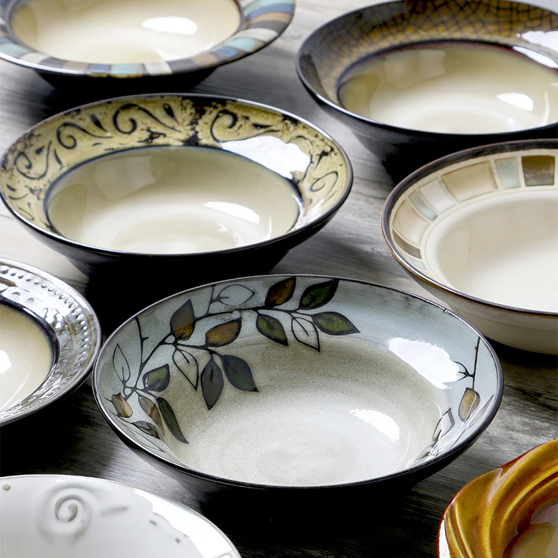 Japanese Style Ceramic Soup Plate Creative Vintage Straw Hat Shaped Deep Dish Household Pasta Salad Dinner Tableware