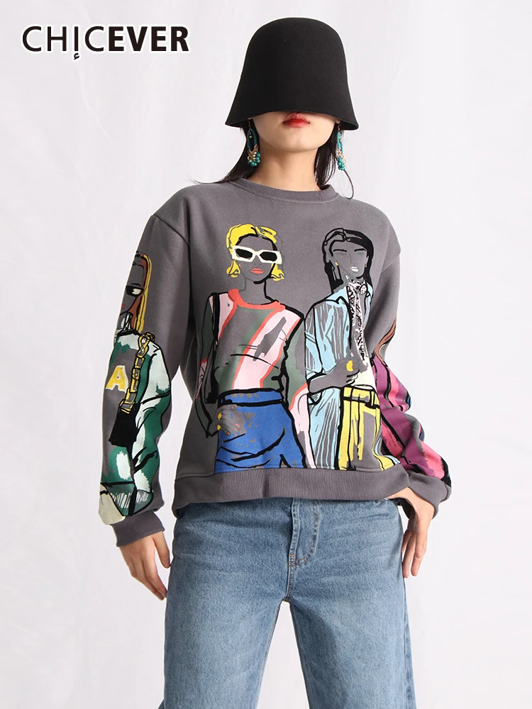 

CHICEVER Fugees Printing Sweatshirts For Women Round Neck Long Sleeve Colorblock Loose Casual Pullover Spring Sweatshirt Female